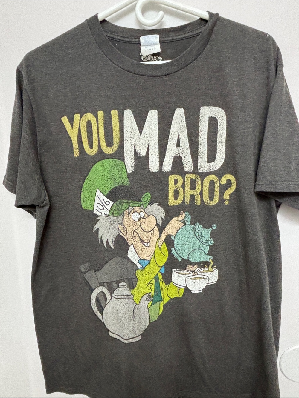 Disney Old School Green Mad Hatter and Yellow Text Large Summer T Shirt 46x26